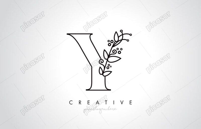 وکتور لوگو حرف Y با برگ و شاخه گیاه - وکتور مونوگرام حرف Y لاتین