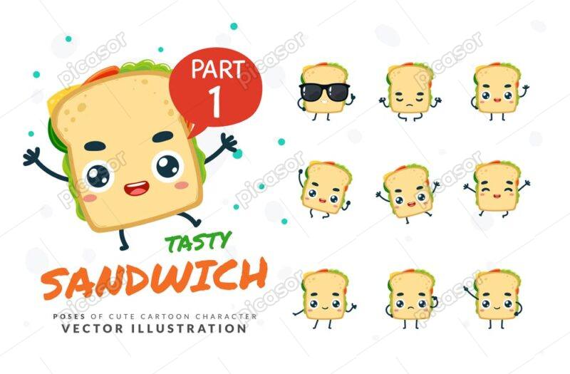 9 وکتور ساندویچ کارتونی آواتار ساندویچ - وکتور شخصیت کارتونی ساندویچ در حالتهای مختلف