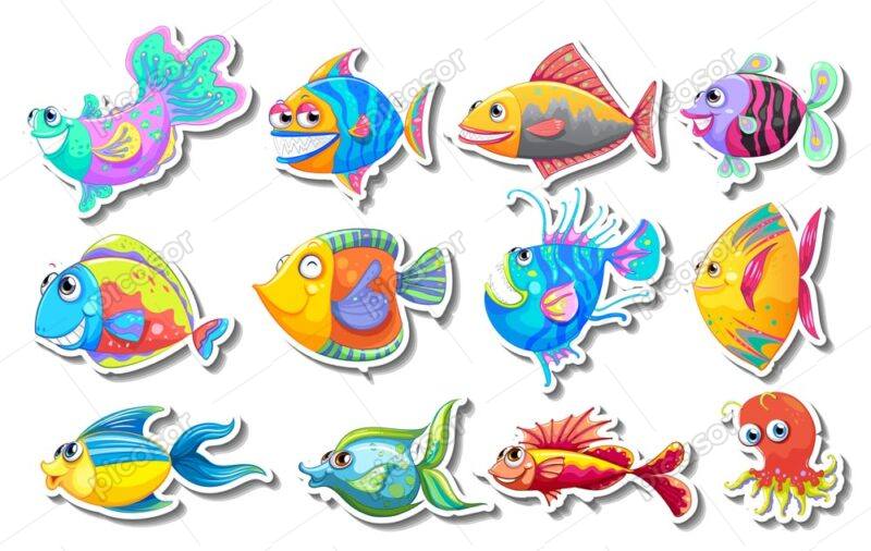 12 وکتور ماهی کارتونی رنگی - وکتور کارتونی ماهی های اقیانوسی رنگی