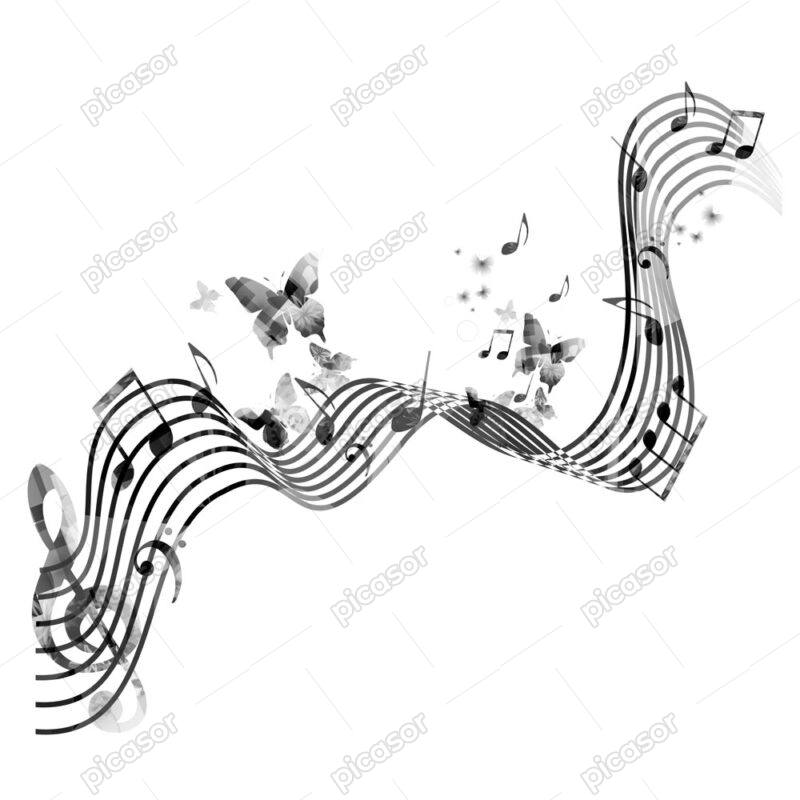 وکتور خطوط حامل با نت و پروانه طرح سیاه و سفید - وکتور المان موسیقی