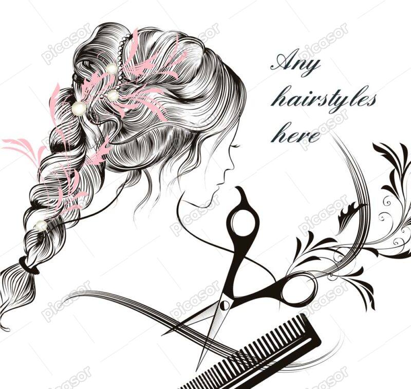 وکتور زن جوان مو بلند با شانه و قیچی - وکتور زن از پشت سر با موهای بلند - وکتور آرایشگاه زنانه