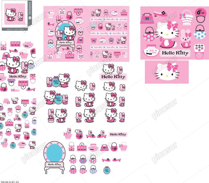 مجموع بزرگ از 7 وکتور Kitty کیتی با بچه خرگوش و لوازم فشن وکتور Hello Kitty