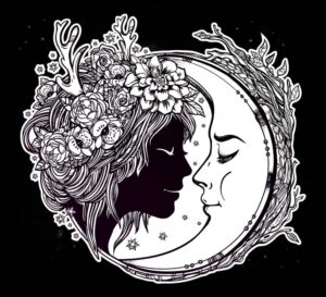 وکتور چهره زن جوان و ماه با تاج گل و پر طرح سیاه سفید - وکتور تصویرسازی هنری از صورت زن جوان با ماه داخل قاب دایره ای پردار