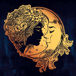 وکتور ماه و چهره زن جوان با تاج گل و پر - وکتور تصویرسازی هنری از صورت زن جوان با ماه داخل قاب دایره ای پردار