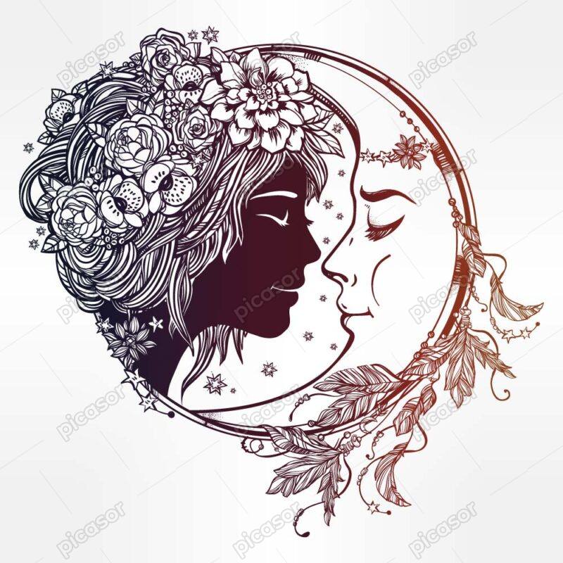 وکتور قاب ماه و چهره زن جوان با تاج گل و پر - وکتور تصویرسازی هنری از صورت زن جوان با ماه داخل قاب دایره ای پردار
