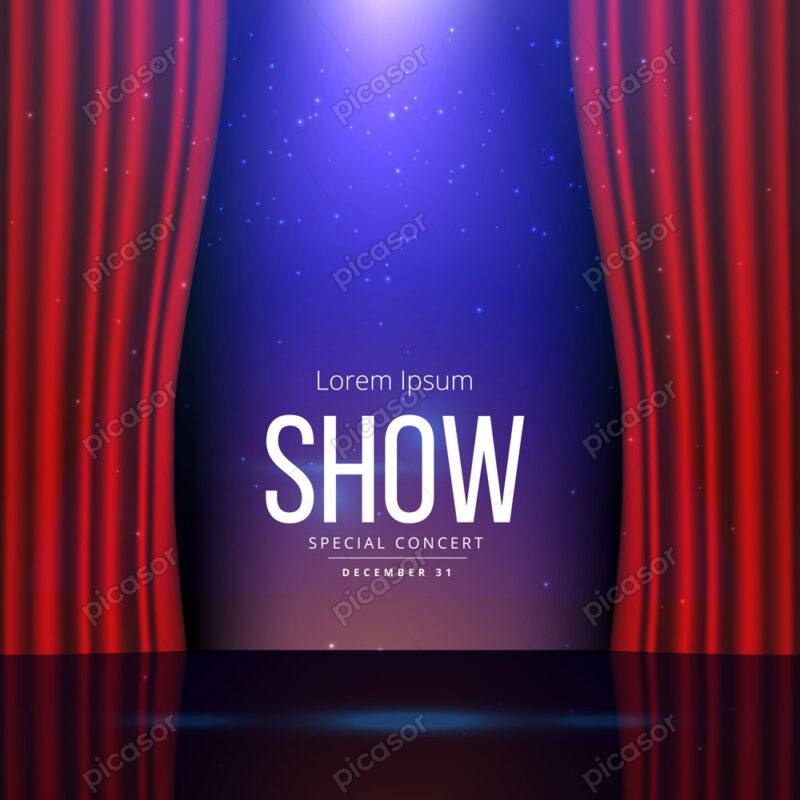 وکتور استیج با پرده نمایش قرمز و نورپردازی - وکتور سالن نمایش و صحنه سینما و تئاتر