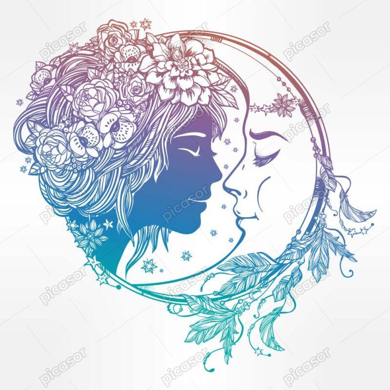 وکتور ماه و چهره زن جوان با تاج گل و پر - وکتور تصویرسازی هنری از صورت زن جوان با ماه داخل قاب دایره ای پردار