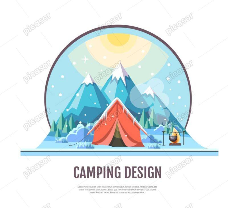 وکتور چادر زدن در کوهستان زمستان - وکتور اردو و کمپ زمستانی