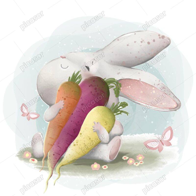 وکتور نقاشی خرگوش با هویج و چغندر در دست - وکتور تصویرسازی کودکانه از بچه خرگوش