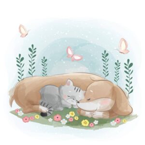 وکتور نقاشی سگ و گربه در خواب کنارهم در بهار - وکتور تصویرسازی کودکانه از گربه و سگ
