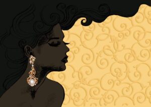 وکتور زن جوان با گوشواره مروارید بلند و جواهرات - وکتور تصویر سازی زن آفریقایی با جواهرات