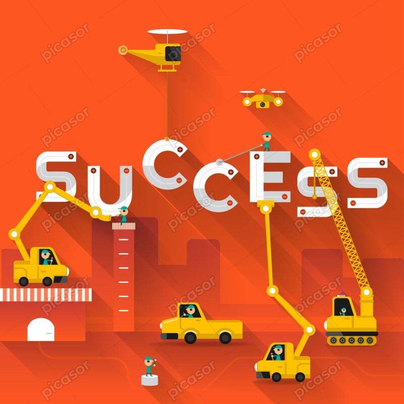 وکتور مفهومی از موفقیت کسب و کار با جرثقیل و کارگر هلیکوپتر و کلمه SUCCESS