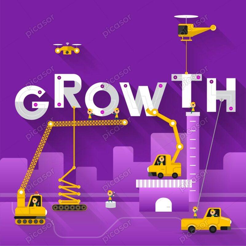 وکتور مفهومی از رشد کسب و کار با جرثقیل و کارگر و کلمه GROWTH