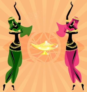 وکتور 2 زن با لباس رقص عربی و چراغ جادو رقصنده - وکتور رقصنده زن عرب