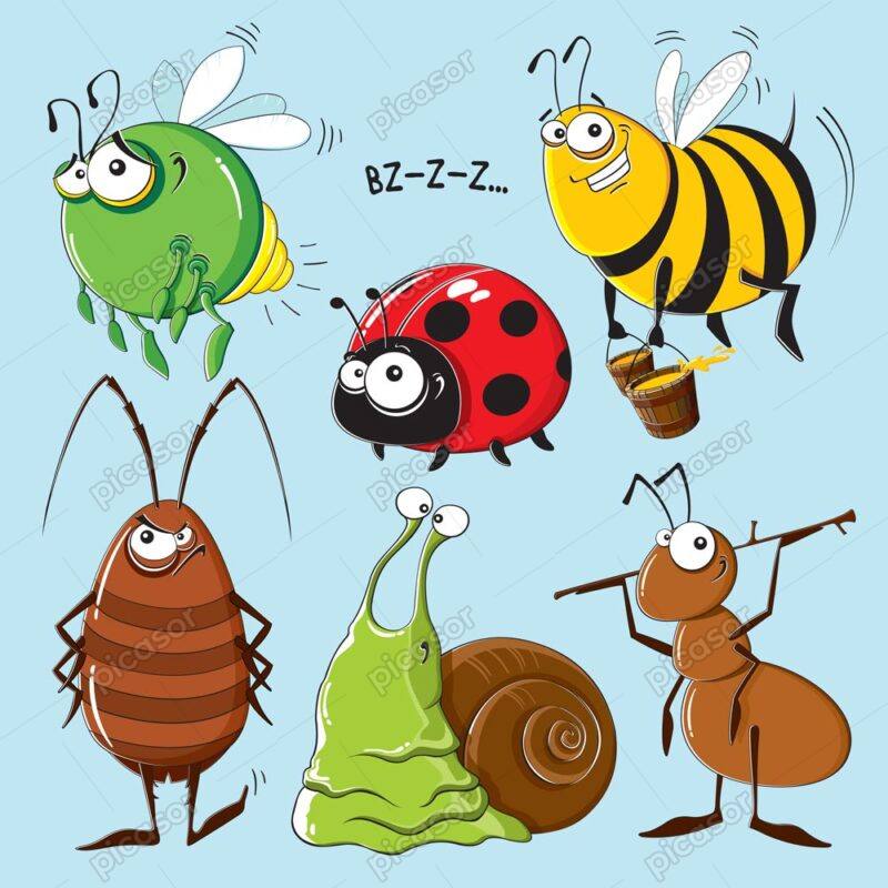 6 وکتور حشرات کارتونی - مجموعه وکتور کارتونی حشرات زنبور حلزون کفشدوزک مگس و مورچه