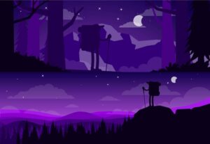 2 وکتور مرد در کوهستان و جنگل هنگام شب - وکتور مرد در حال کمپ در کوه و جنگل شب هنگام طرح گرافیکی