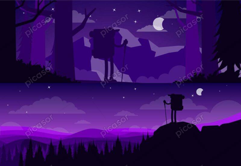 2 وکتور مرد در کوهستان و جنگل هنگام شب - وکتور مرد در حال کمپ در کوه و جنگل شب هنگام طرح گرافیکی