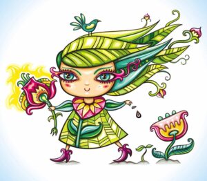 وکتور نقاشی دختربچه فانتزی با شاخه گل و پرنده طرح کودکانه - وکتور تصویرسازی کودکانه از دختر کوچک با شاخه گل طرح نقاشی فانتزی