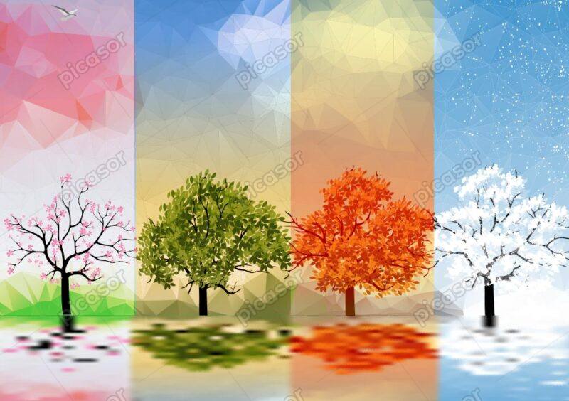 وکتور 4 فصل وکتور درخت در فصول مختلف - وکتور فصلهای تابستان زمستان پاییز و بهار
