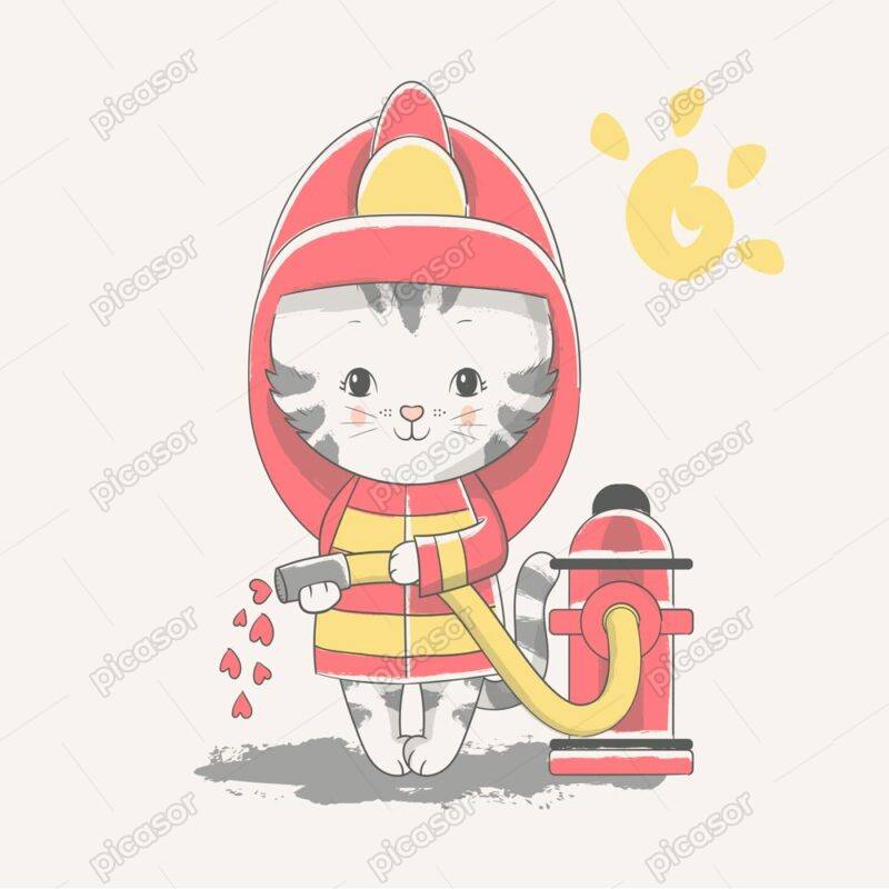 وکتور نقاشی بچه گربه آتش نشان - وکتور تصویرسازی کودکانه از بچه گربه با لباس آتش نشانی