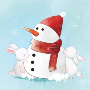 وکتور آدم برفی و بچه خرگوش ها در برف زمستان طرح نقاشی کارتونی - وکتور تصویرسازی کودکانه از آدم برفی و بچه خرگوش