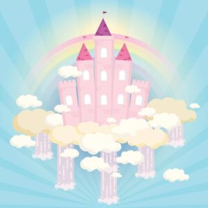 وکتور کارتونی قصر روی ابر با رنگین کمان