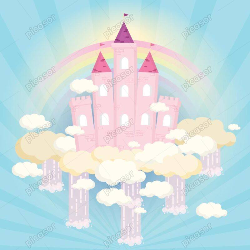وکتور کارتونی قصر روی ابر با رنگین کمان