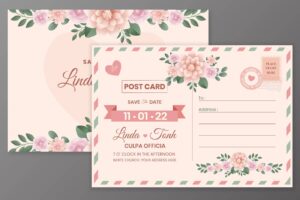 2 وکتور کارت عروسی طرح کارت پستال با قاب حاشیه گلهای رنگی