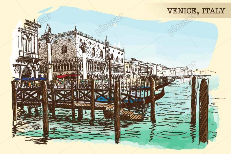 وکتور تابلو نقاشی شهر ونیز ایتالیا - وکتور ساختمان و شهر قدیمی ونیز نقاشی