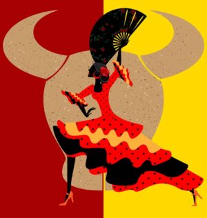 وکتور زن رقصنده فلامنکو با دامن بلند - وکتور رقص فلامنکو اسپانیایی با زمینه جمجمه گاو