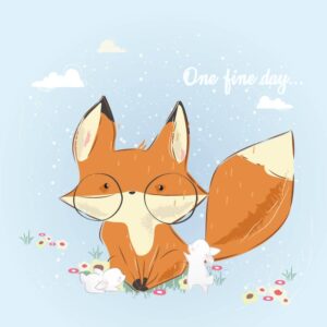 وکتور روباه و بچه خرگوش ها در بهار طرح نقاشی کارتونی - وکتور تصویرسازی کودکانه از روباه و بچه خرگوش