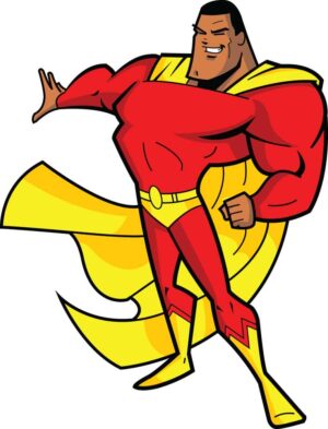 وکتور ابرقهرمان کارتونی - وکتور شخصیت کارتونی ابرقهرمان با لباس قرمز و شنل زرد