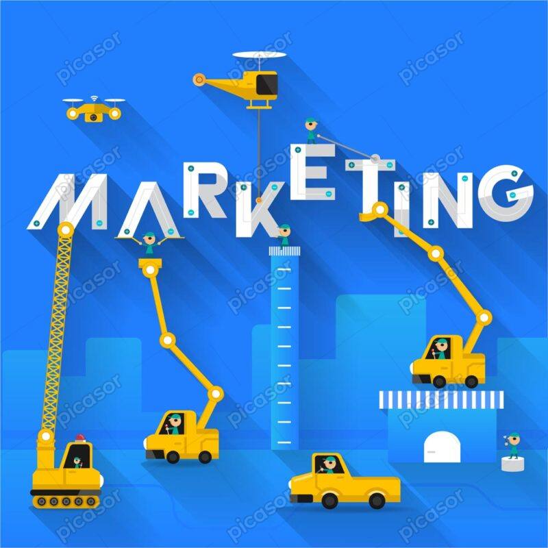 وکتور مفهومی از مارکتینگ و بازاریابی کسب و کار با جرثقیل و هلیکوپتر و کلمه MARKETING