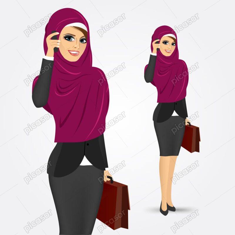 وکتور زن جوان شاغل با حجاب - وکتور زن با حجاب اسلامی در حال صحبت با موبایل و کیف در دست