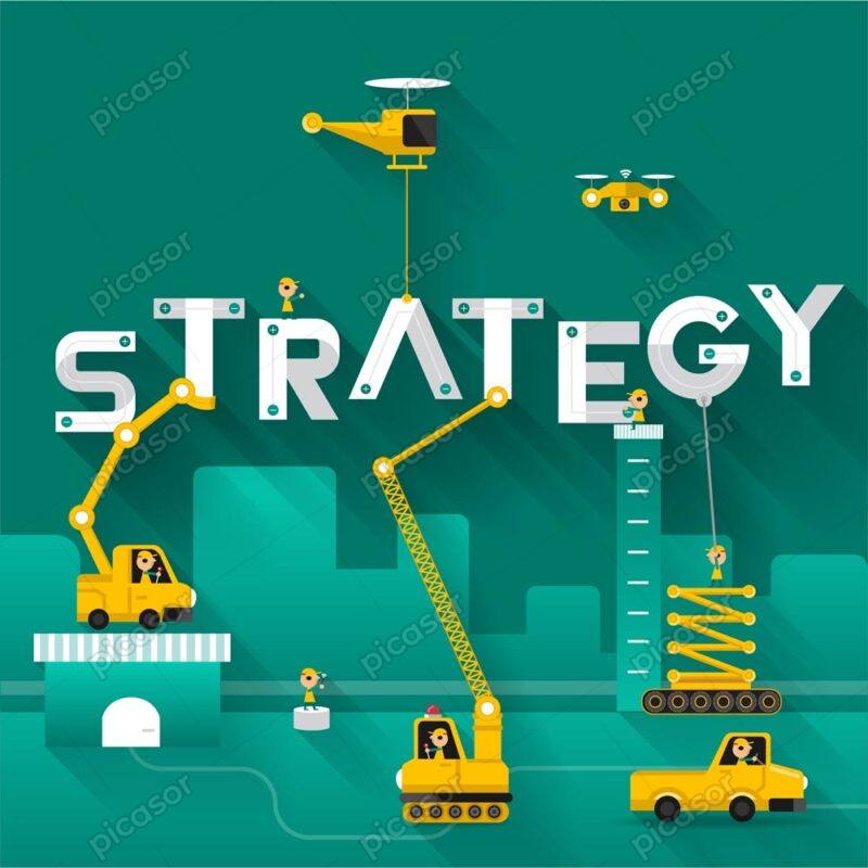 وکتور مفهومی از استراتژی کسب و کار با جرثقیل و کارگر هلیکوپتر و کلمه STRATEGY