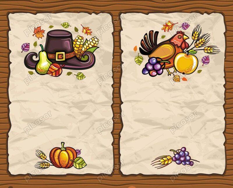 وکتور پس زمینه کودکانه از فصل پاییز روی کاغذ قدیمی با المانهای گندم و مرغ و میوه و کلاه