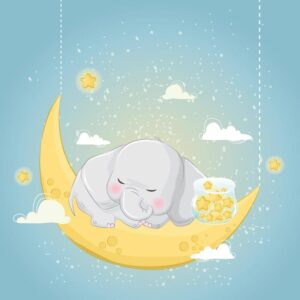 وکتور بچه فیل در خواب روی ماه - وکتور تصویرسازی نقاشی کودکانه از فیل کوچولو روی هلال ماه