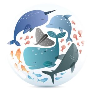 وکتور حیوانات دریایی نهنگ کوسه ماهی کنارهم - وکتور تصویرسازی کودکانه از حیوانات دریایی
