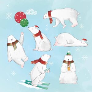 6 وکتور خرس قطبی در کریسمس نقاشی کارتونی - وکتور تصویرسازی کودکانه از خرس قطبی