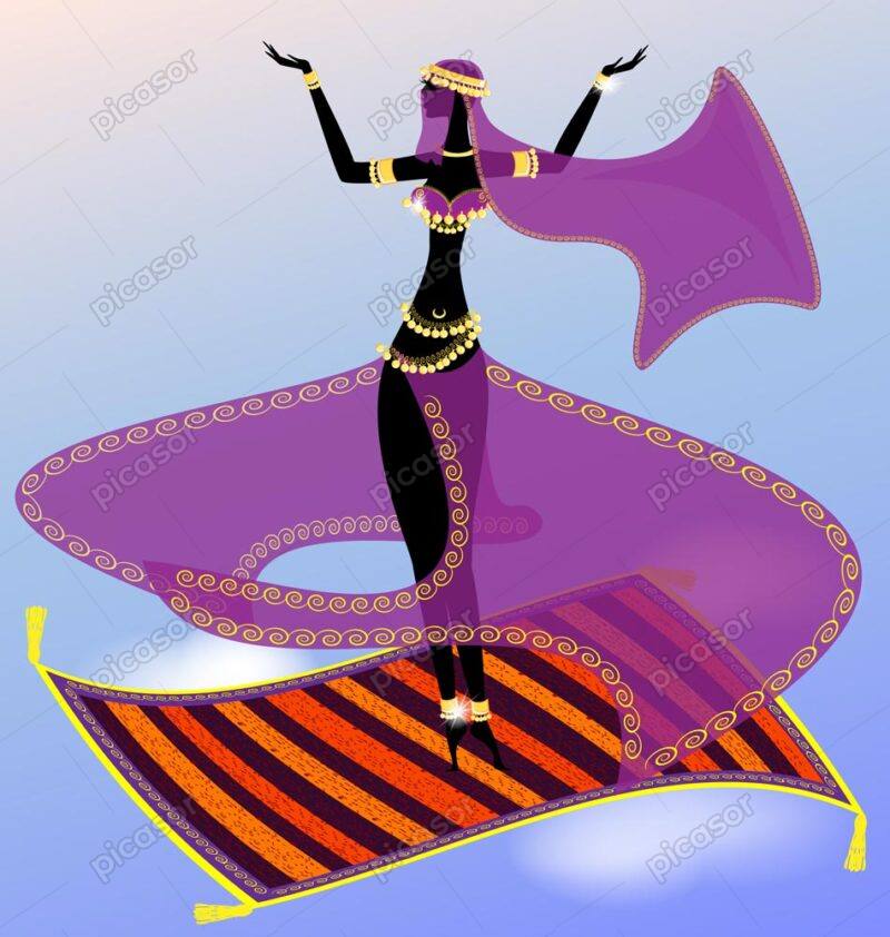 وکتور زن با لباس رقص عربی روی قالی - وکتور رقصنده زن عرب