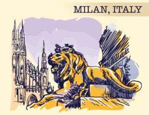 وکتور تابلو نقاشی شهر میلان ایتالیا - وکتور نقاشی مجسمه شیر و نمای شهر میلان