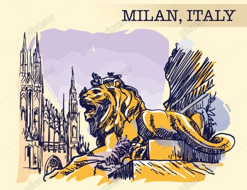 وکتور تابلو نقاشی شهر میلان ایتالیا - وکتور نقاشی مجسمه شیر و نمای شهر میلان