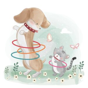 وکتور نقاشی سگ و گربه در حال حلقه بازی - وکتور تصویرسازی کودکانه از گربه و سگ بازیگوش