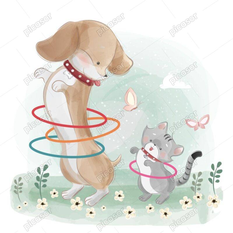 وکتور نقاشی سگ و گربه در حال حلقه بازی - وکتور تصویرسازی کودکانه از گربه و سگ بازیگوش