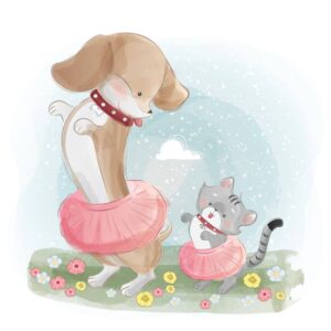 وکتور نقاشی سگ و گربه در حال بازی - وکتور تصویرسازی کودکانه از گربه و سگ بازیگوش