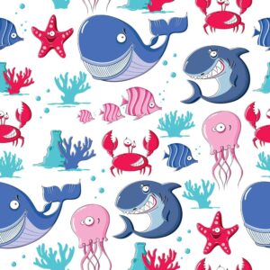 وکتور پترن کودکانه با موجودات دریایی کارتونی - وکتور پترن طرح کودک وکتور الگو موجودات دریایی طرح بچگانه