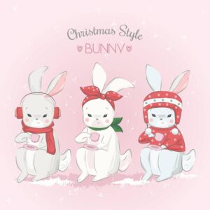وکتور نقاشی 3 خرگوش در کریسمس - وکتور تصویرسازی کودکانه از دوستهای خرگوشی کنار هم