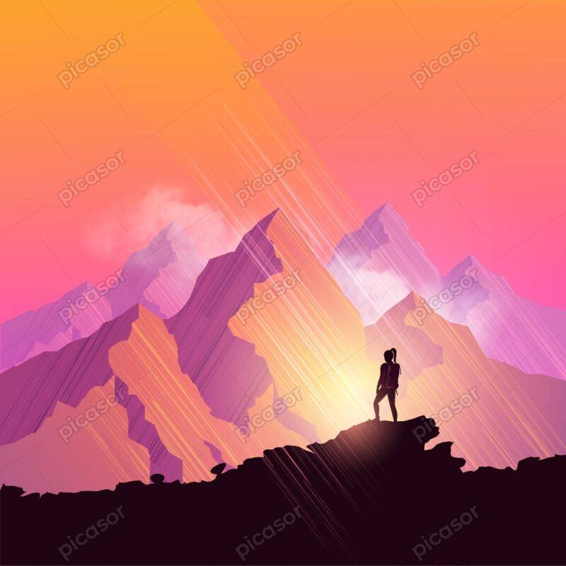 وکتور کوهنورد دختر جوان بر بالای کوه در غروب آفتاب - وکتور پس زمینه کوهنورد زن در غروب خورشید