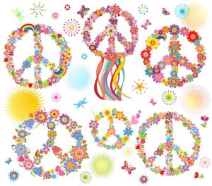 6 وکتور نماد هیپی با گل و رنگین کمان و خورشید و پروانه تم کودکانه