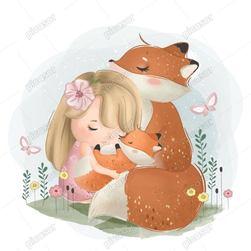 وکتور روباه و دختربچه و بچه روباه کنارهم طرح نقاشی کارتونی - وکتور تصویرسازی کودکانه از دختربچه و روباه
